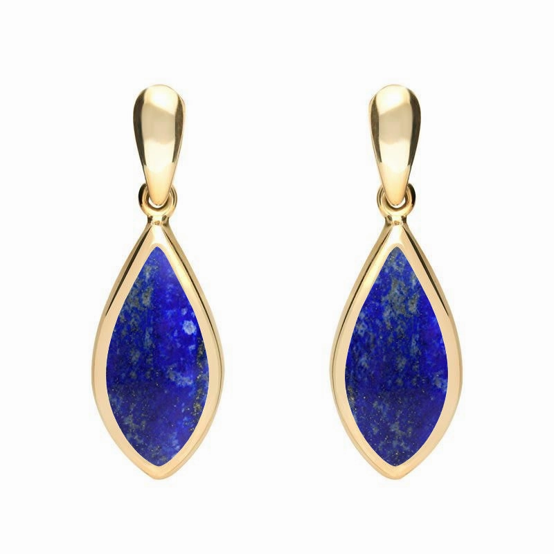 9ct Yellow Gold Lapis Lazuli Small Pointed Pear Drop Earrings