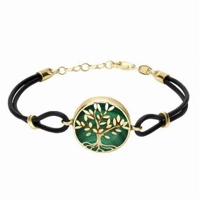 9ct Yellow Gold Malachite Cord Round Large Leaves Tree Of Life Bracelet