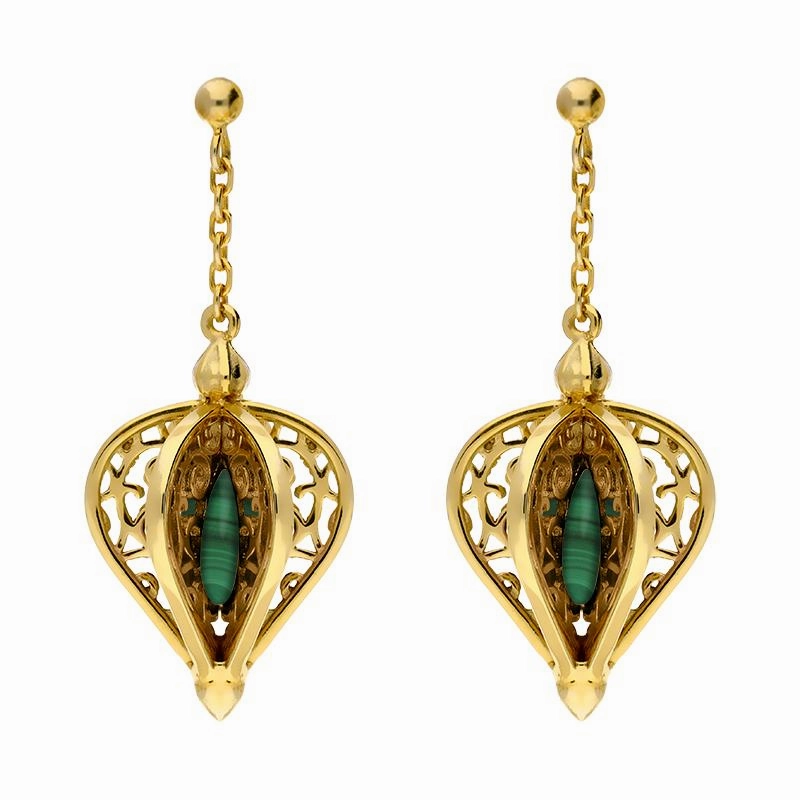 9ct Yellow Gold Malachite Flore Filigree Drop Earrings