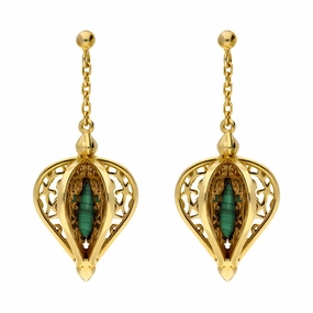 9ct Yellow Gold Malachite Flore Filigree Drop Earrings