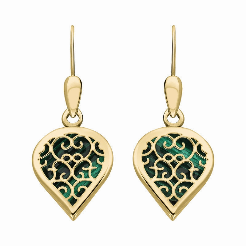 9ct Yellow Gold Malachite Flore Filigree Heart Drop Earrings