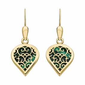 9ct Yellow Gold Malachite Flore Filigree Heart Drop Earrings