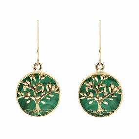 9ct Yellow Gold Malachite Round Large Tree of Life Leaves Drop Earrings