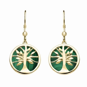 9ct Yellow Gold Malachite Round Tree of Life Drop Earrings