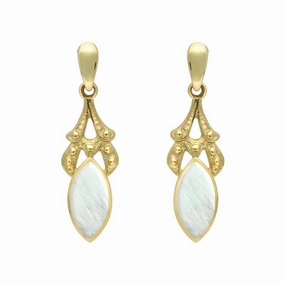 9ct Yellow Gold Mother of Pearl Marquise Drop Earrings