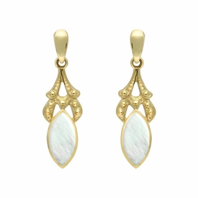 9ct Yellow Gold Mother of Pearl Marquise Drop Earrings