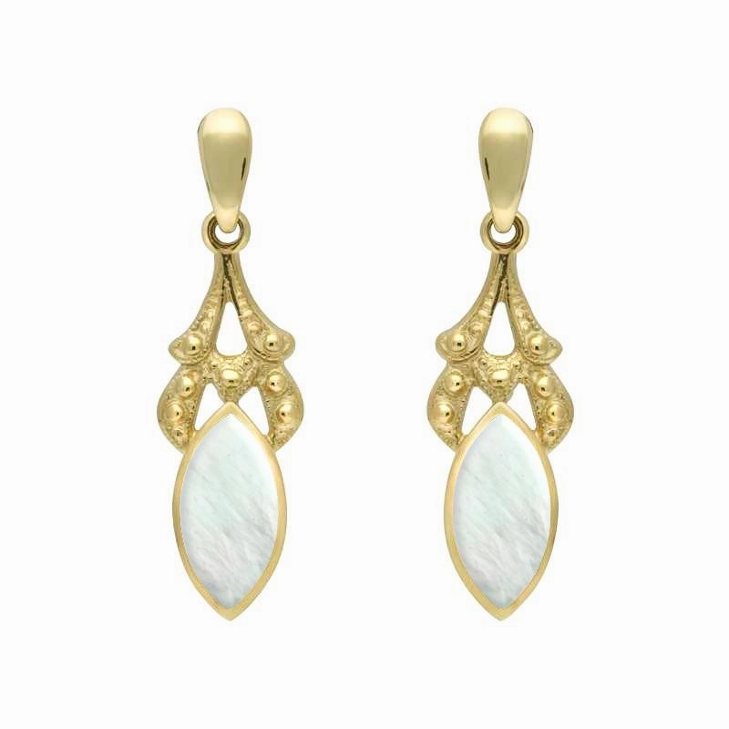 9ct Yellow Gold Mother of Pearl Marquise Drop Earrings