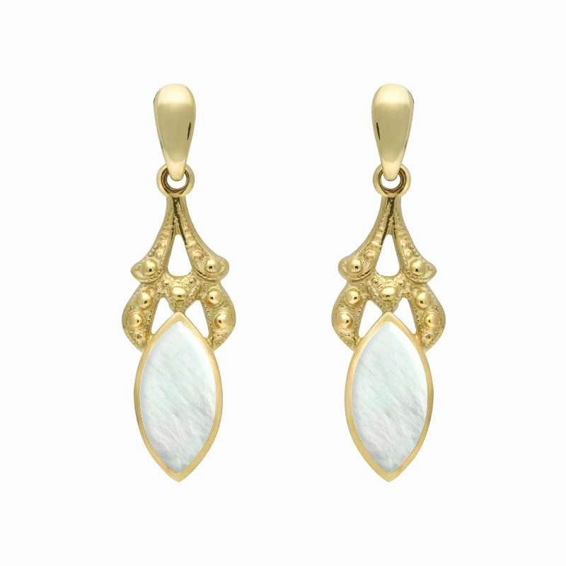 9ct Yellow Gold Mother of Pearl Marquise Drop Earrings