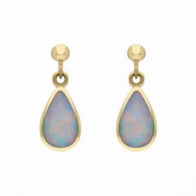 9ct Yellow Gold Opal Drinky Tear Shaped Drop Earrings