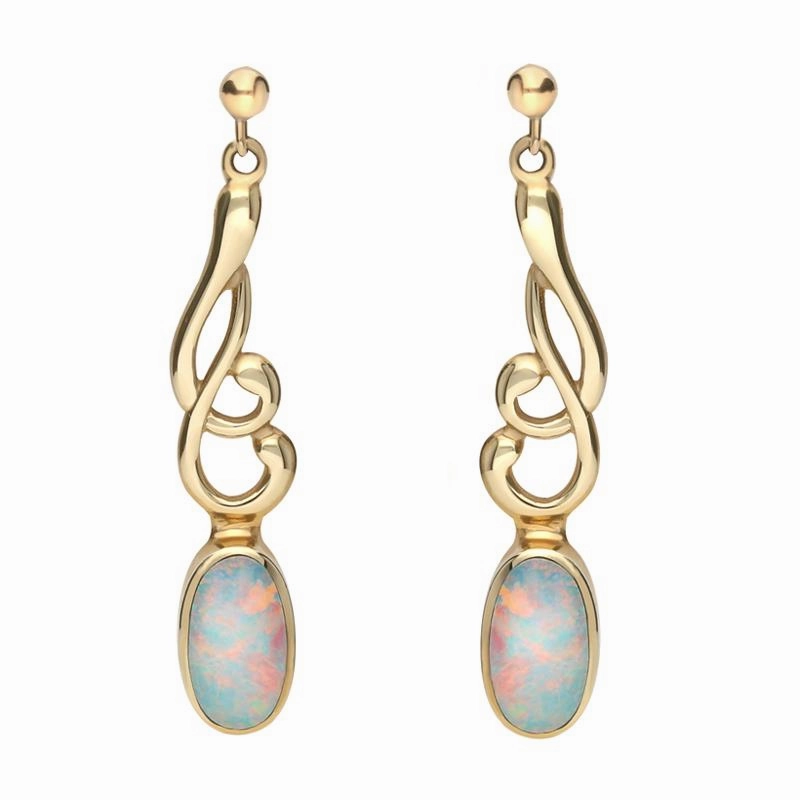 9ct Yellow Gold Opal Jet Scroll Drop Earrings