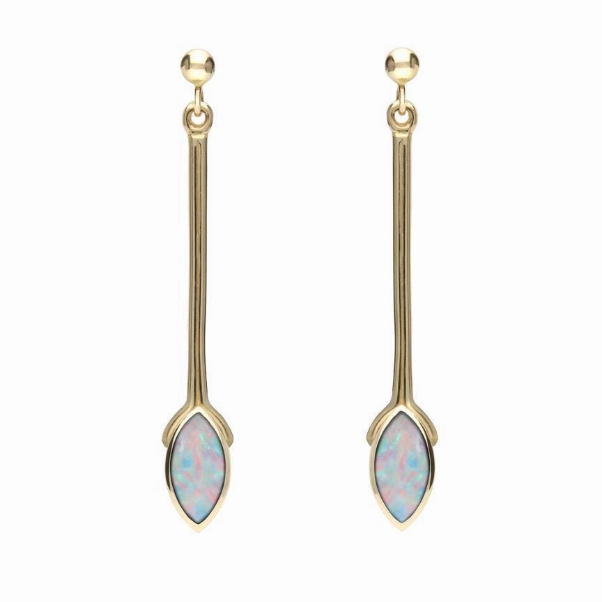 9ct Yellow Gold Opal Marquise Long Drop Earrings