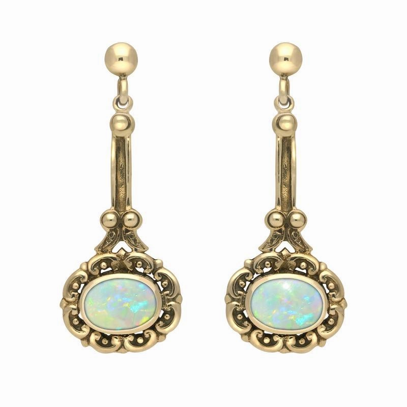 9ct Yellow Gold Opal Ornate Antique Oval Drop Earrings