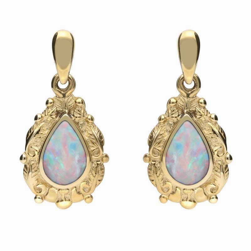 9ct Yellow Gold Opal Pear Shaped Leaf Drop Earrings
