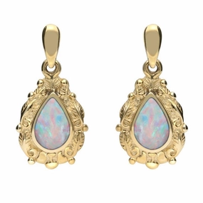 9ct Yellow Gold Opal Pear Shaped Leaf Drop Earrings