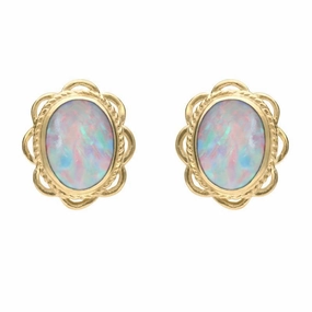9ct Yellow Gold Opal Rope Frill Edge Oval Stud Earrings