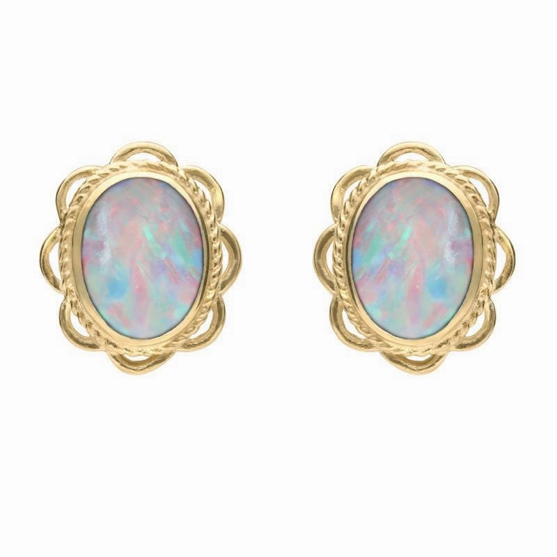 9ct Yellow Gold Opal Rope Frill Edge Oval Stud Earrings