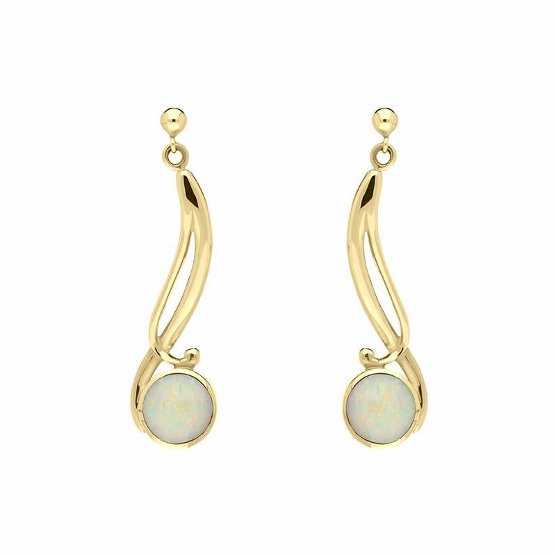 9ct Yellow Gold Opal Round Scroll Drop Earrings