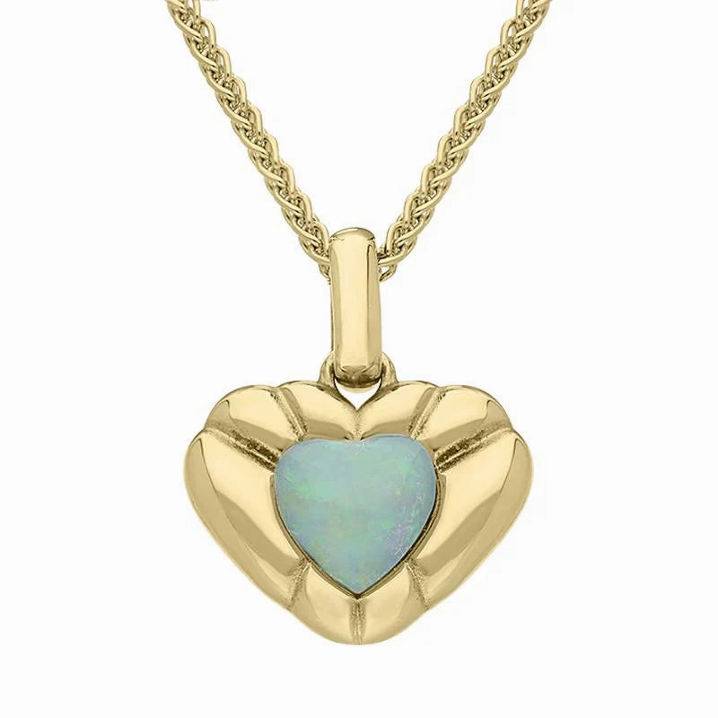 9ct Yellow Gold Opal Stone in Ridged Heart Necklace