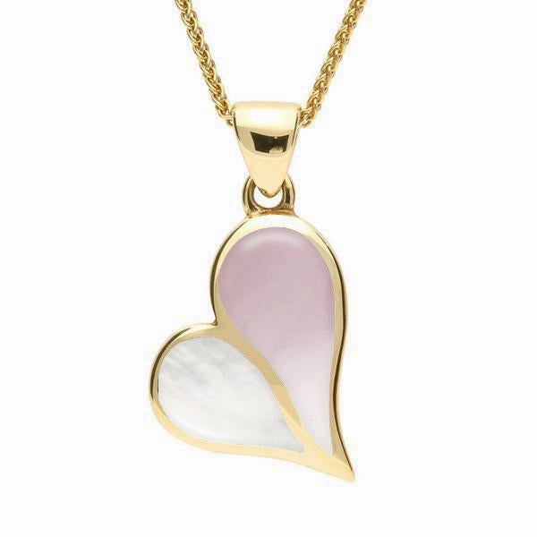 9ct Yellow Gold Pink and White Mother of Pearl Split Heart Necklace