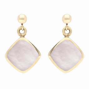 9ct Yellow Gold Pink Mother of Pearl Cushion Drop Earrings D
