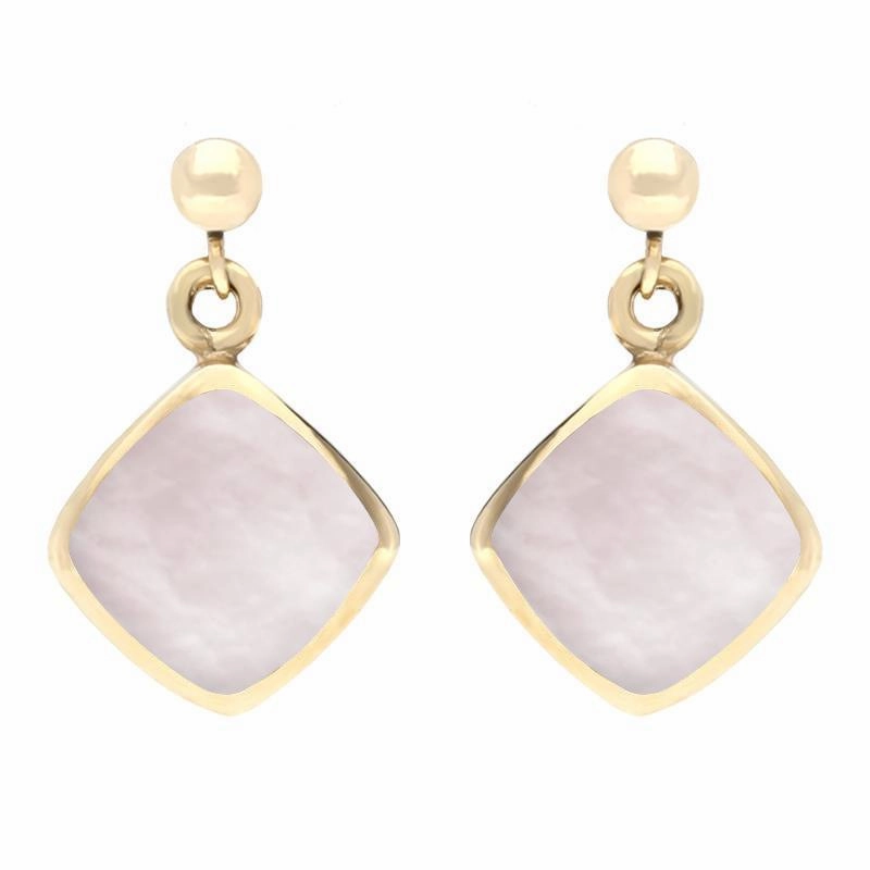 9ct Yellow Gold Pink Mother of Pearl Cushion Drop Earrings D