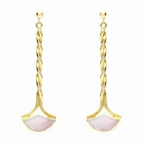 9ct Yellow Gold Pink Mother of Pearl Drop Twist Fan Earrings