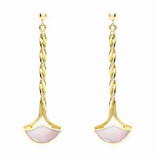 9ct Yellow Gold Pink Mother of Pearl Drop Twist Fan Earrings