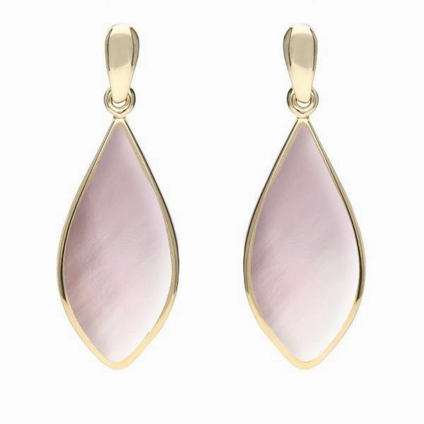 9ct Yellow Gold Pink Mother of Pearl Pointed Pear Drop Earrings