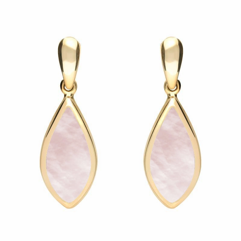 9ct Yellow Gold Pink Mother of Pearl Small Pointed Pear Drop Earrings