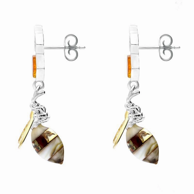 9ct Yellow Gold Sterling Silver Amber Bee and Honeycomb Drop Earrings