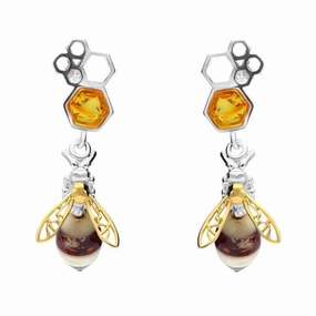 9ct Yellow Gold Sterling Silver Amber Bee and Honeycomb Drop Earrings