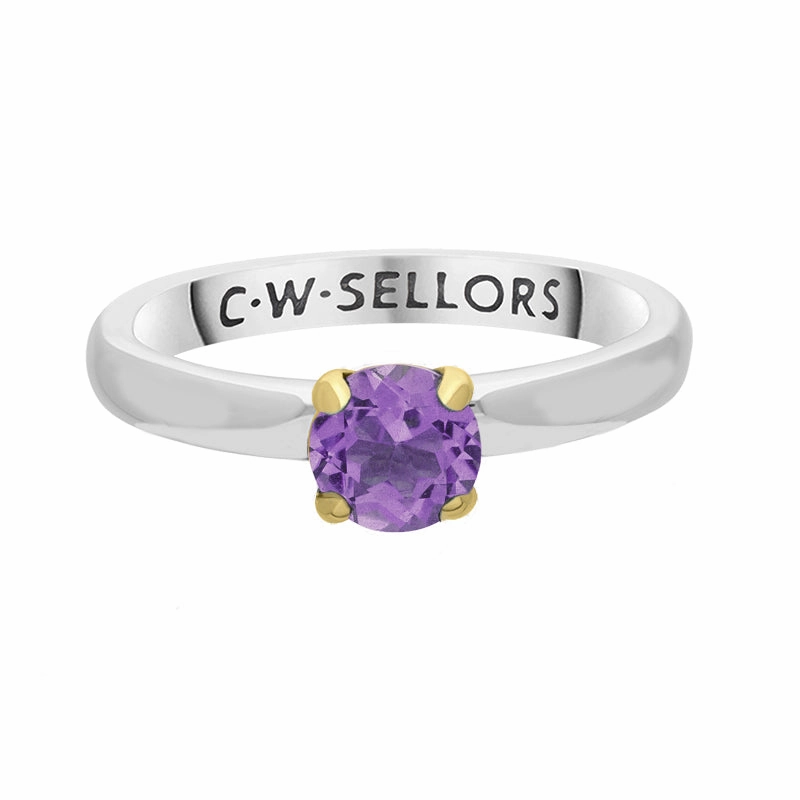 9ct Yellow Gold Sterling Silver Amethyst Stepping Stones 5mm Round Claw Set Ring