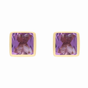 9ct Yellow Gold Sterling Silver Amethyst Stepping Stones Square Stud Earrings