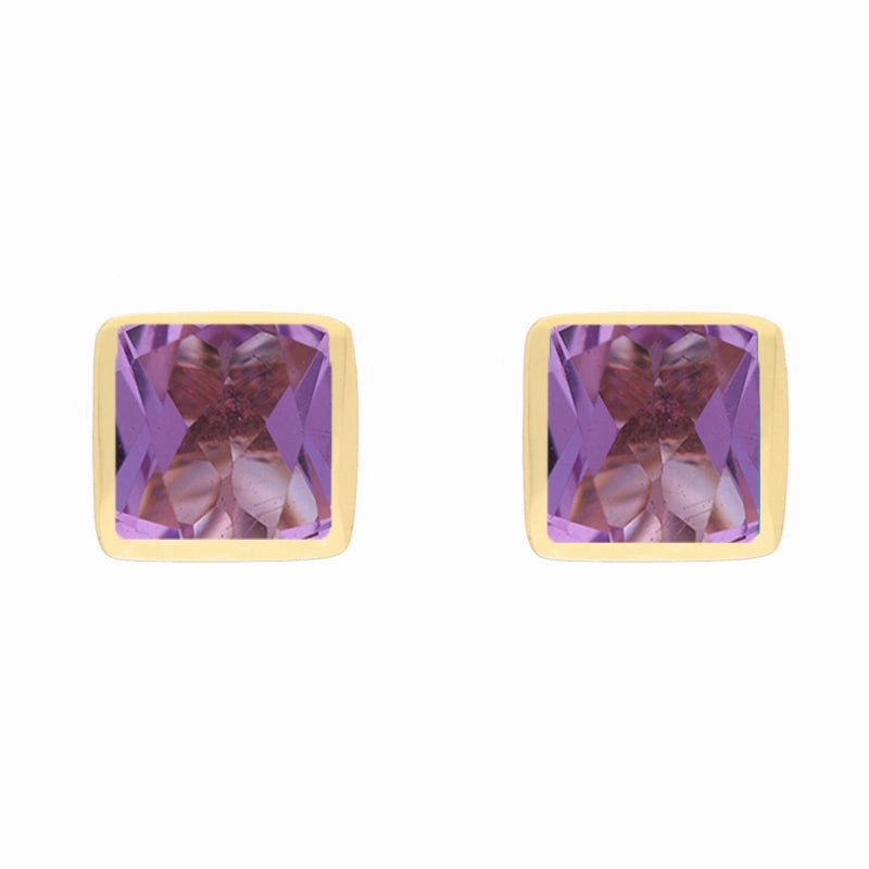 9ct Yellow Gold Sterling Silver Amethyst Stepping Stones Square Stud Earrings