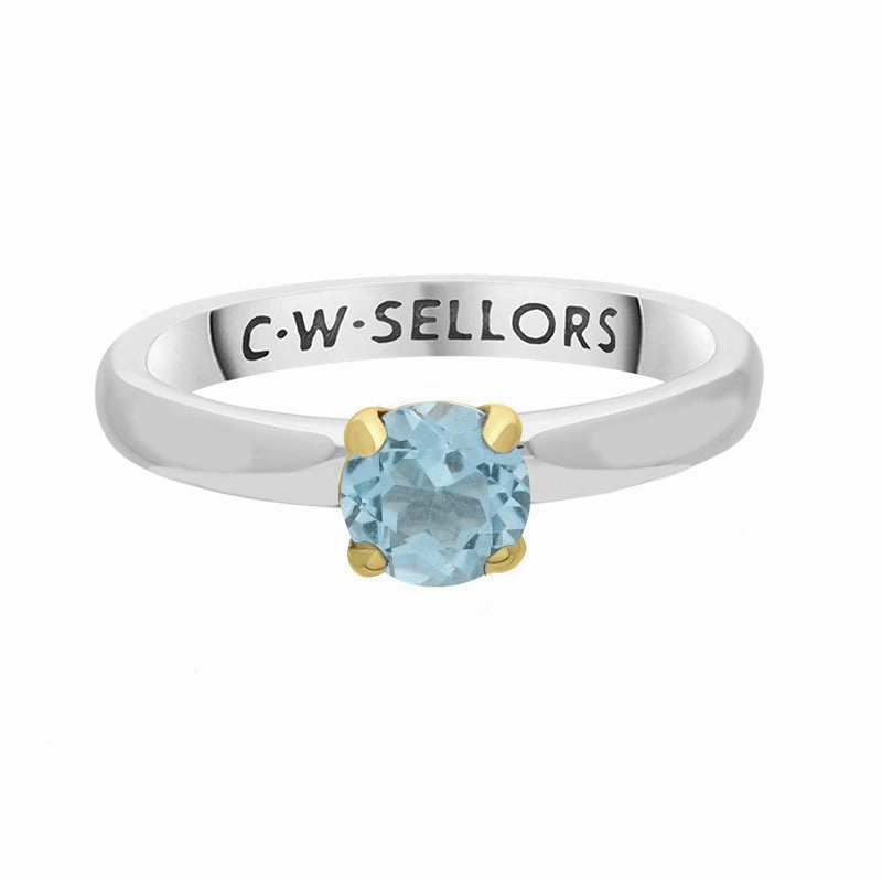 9ct Yellow Gold Sterling Silver Aquamarine Stepping Stones 5mm Round Claw Set Ring
