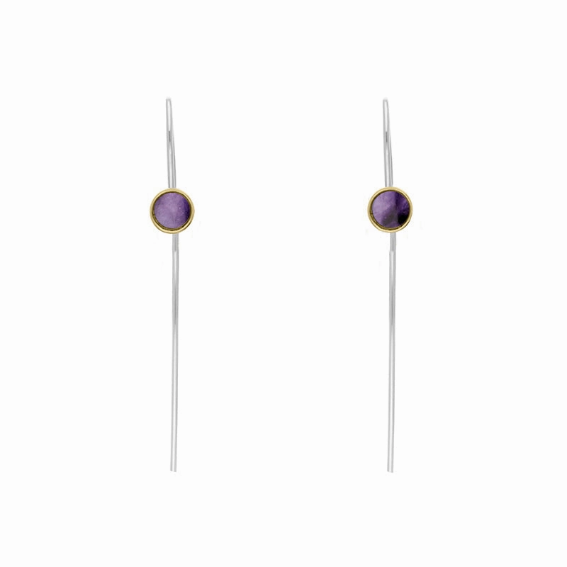 9ct Yellow Gold Sterling Silver Blue John Stepping Stones 5mm Round Hook Earrings