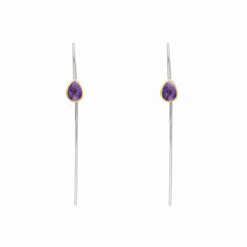9ct Yellow Gold Sterling Silver Blue John Stepping Stones 5x7mm Pear Drop Hook Earrings