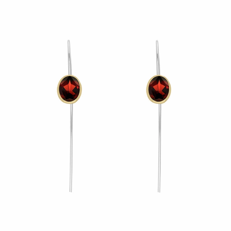 9ct Yellow Gold Sterling Silver Garnet Stepping Stones 6x8mm Oval Hook Earrings
