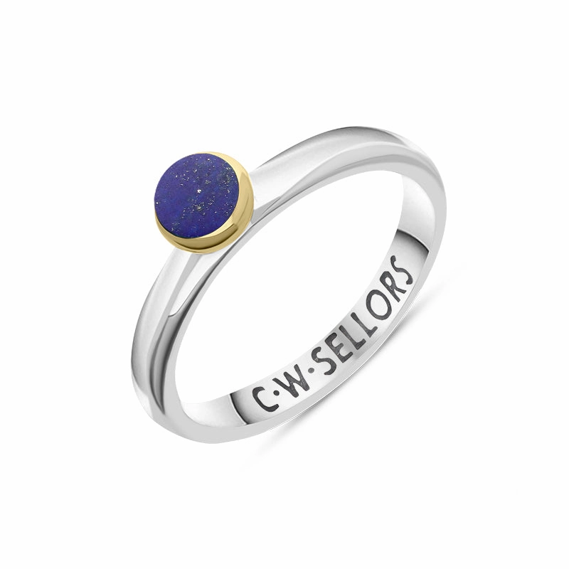 9ct Yellow Gold Sterling Silver Lapis Lazuli Stepping Stones 5mm Round Bezel Set Ring