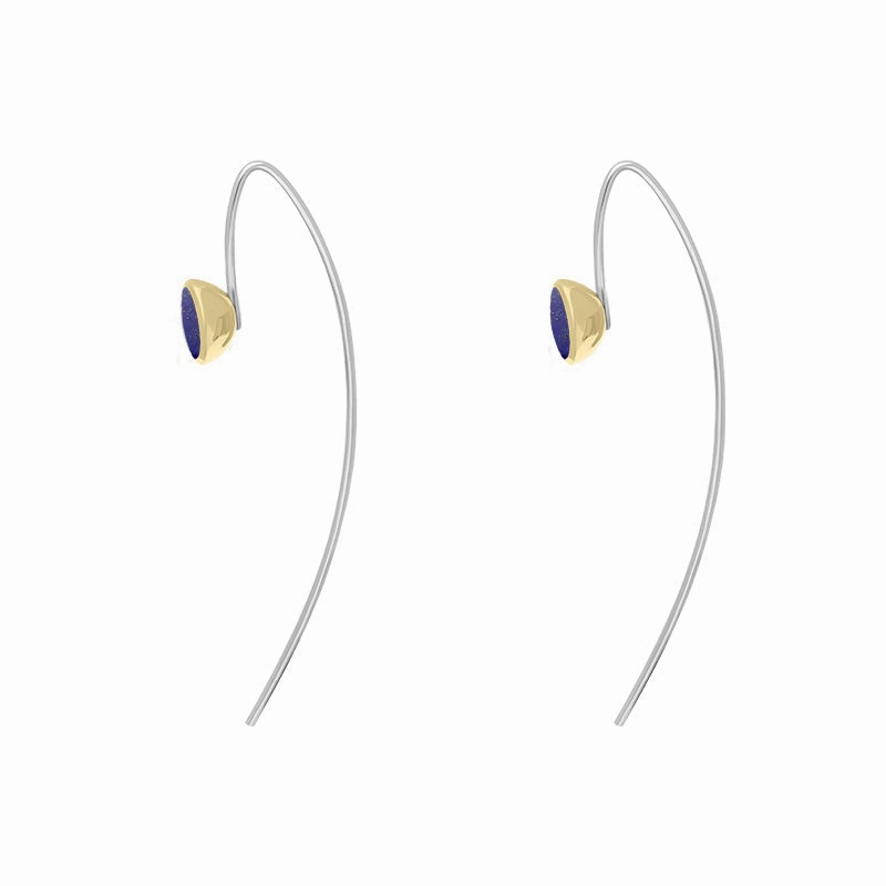 9ct Yellow Gold Sterling Silver Lapis Lazuli Stepping Stones 5mm Round Hook Earrings