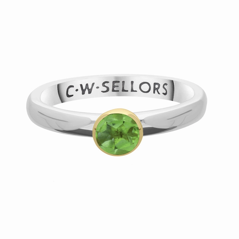 9ct Yellow Gold Sterling Silver Peridot Stepping Stones 5mm Round Bezel Set Ring