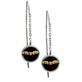9ct Yellow Gold Sterling Silver Whitby Jet Gothic Bat Chain Drop Earrings