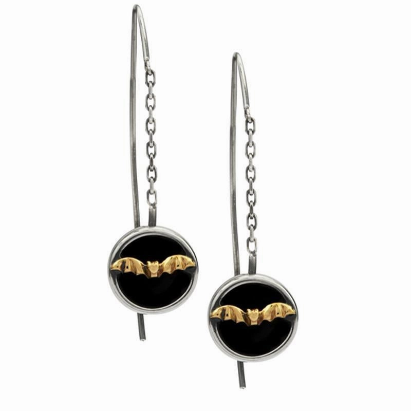 9ct Yellow Gold Sterling Silver Whitby Jet Gothic Bat Chain Drop Earrings