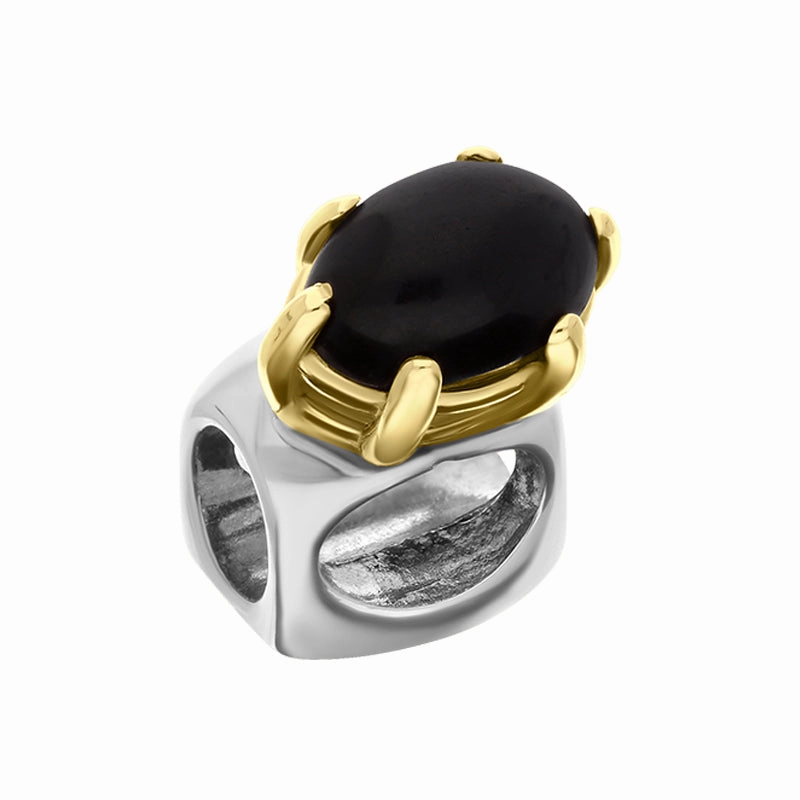 9ct Yellow Gold Sterling Silver Whitby Jet Stepping Stones 4x7mm Oval Claw Set Charm D