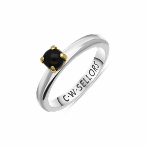 9ct Yellow Gold Sterling Silver Whitby Jet Stepping Stones 5mm Round Claw Set Ring D