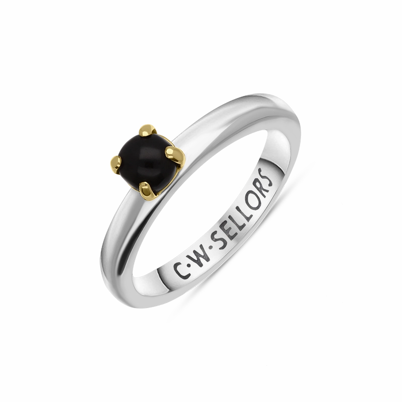 9ct Yellow Gold Sterling Silver Whitby Jet Stepping Stones 5mm Round Claw Set Ring D
