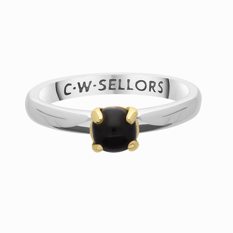 9ct Yellow Gold Sterling Silver Whitby Jet Stepping Stones 5mm Round Claw Set Ring D