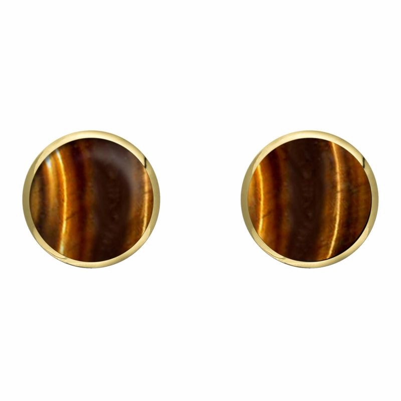 9ct Yellow Gold Tigers Eye 8mm Classic Large Round Stud Earrings
