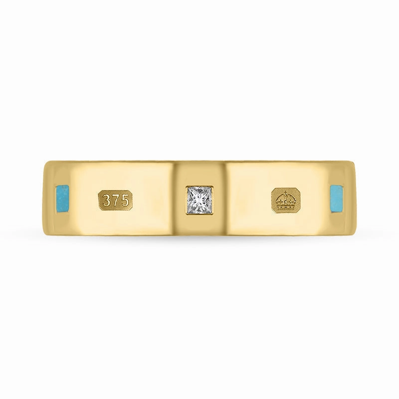 9ct Yellow Gold Turquoise 0.12ct Diamond Queen's Jubilee Hallmark Princess Cut 5mm Ring D