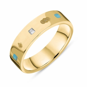 9ct Yellow Gold Turquoise 0.12ct Diamond Queen's Jubilee Hallmark Princess Cut 5mm Ring D